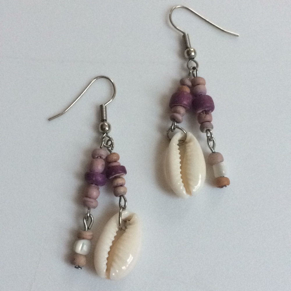 Purple Bead and Seashell Dangle Earrings